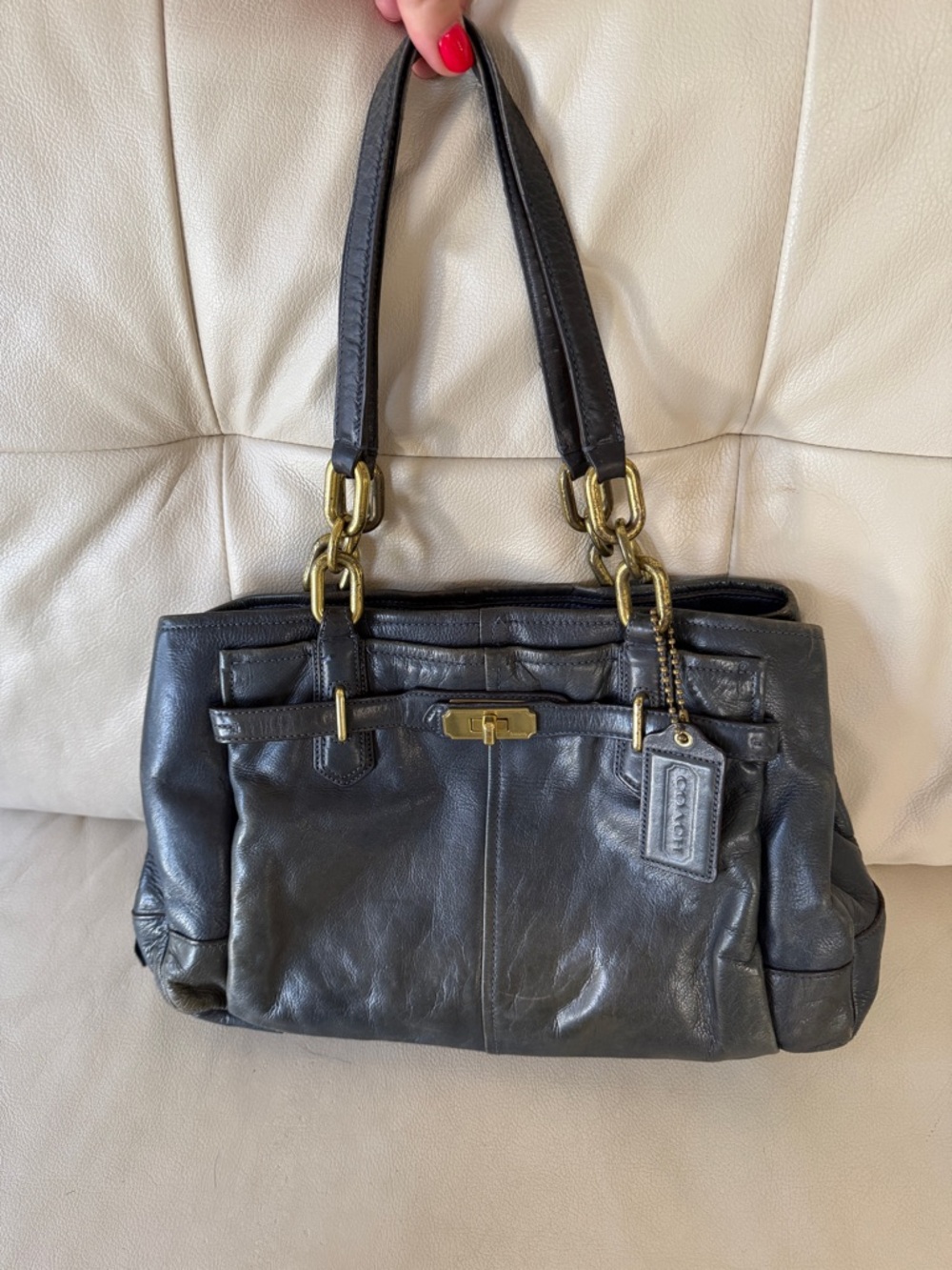Vintage Coach Chelsea Jayden navy blue leather handbag with gold hardware